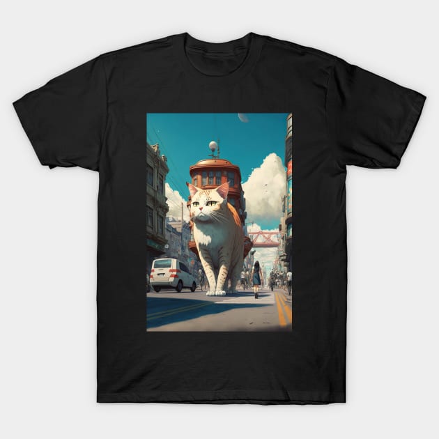 Giant cat walking on the street T-Shirt by KoolArtDistrict